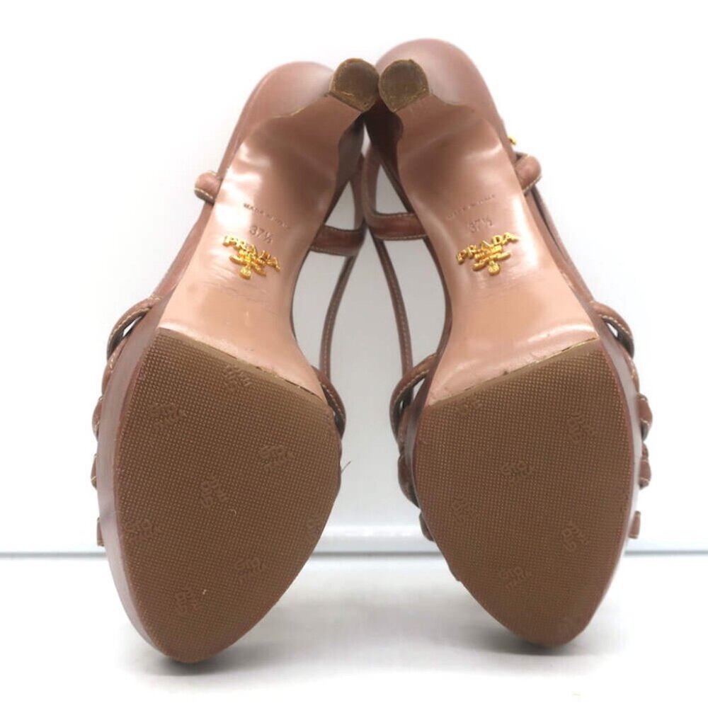 Prada Slingback Bow Sandals Brown Leather Size 37.5 Open Toe Platform Heels - Picture 15 of 16